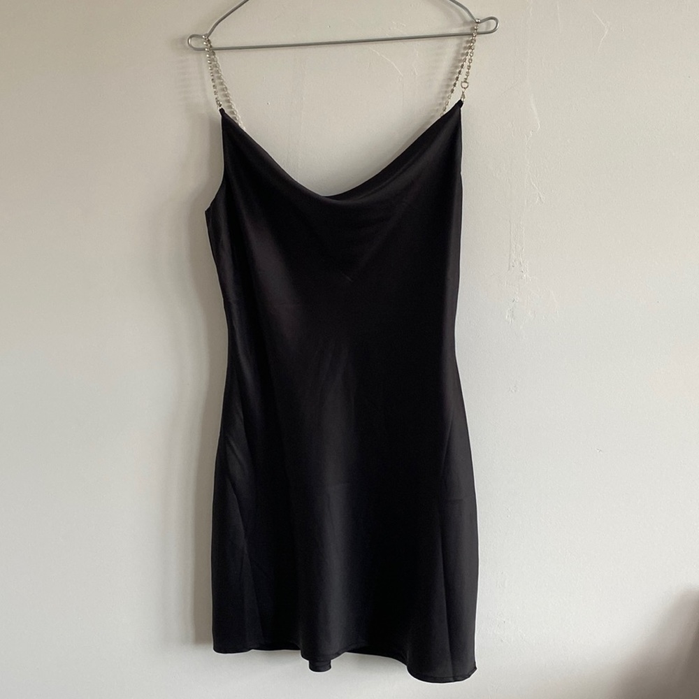 Black Silk Mini Dress With Diamond Rhinestone Straps and Cowled Neck